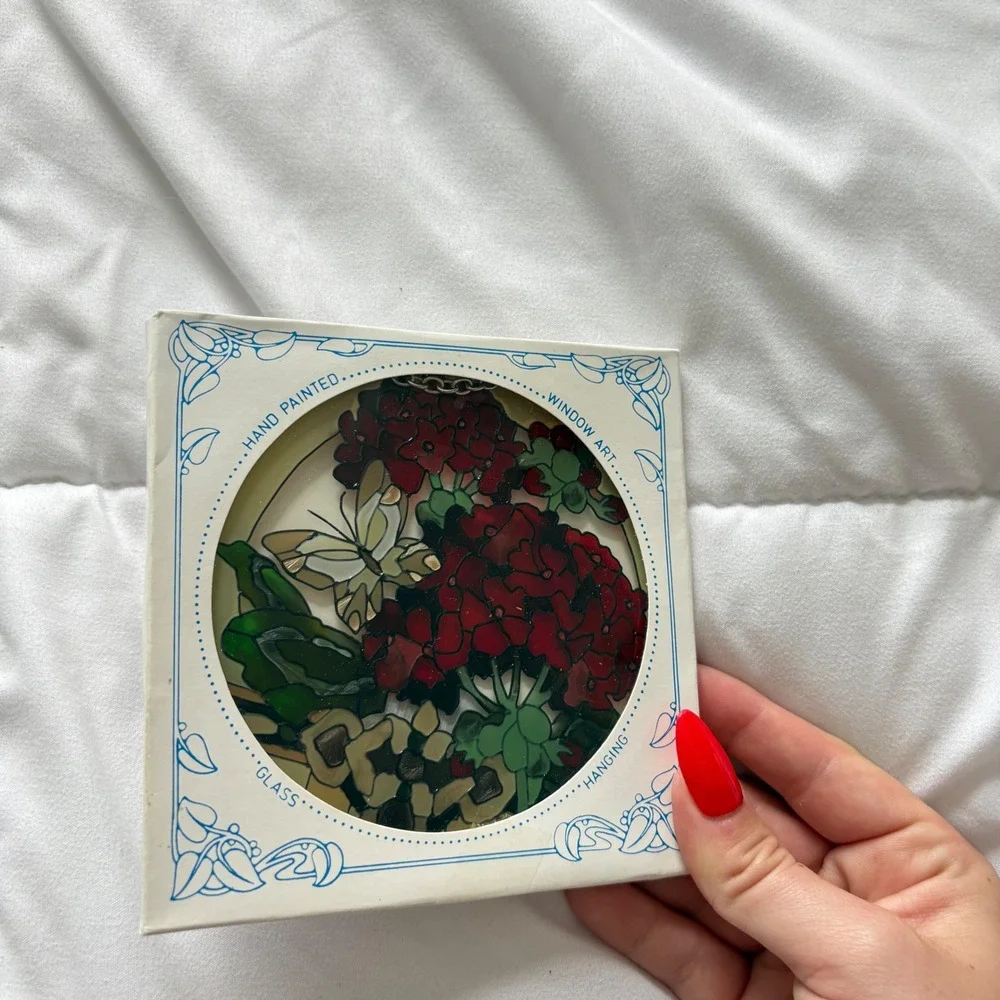 VTG Joan Baker Hand Painted Stain Glass Window Art Suncatcher Butterfly Flower